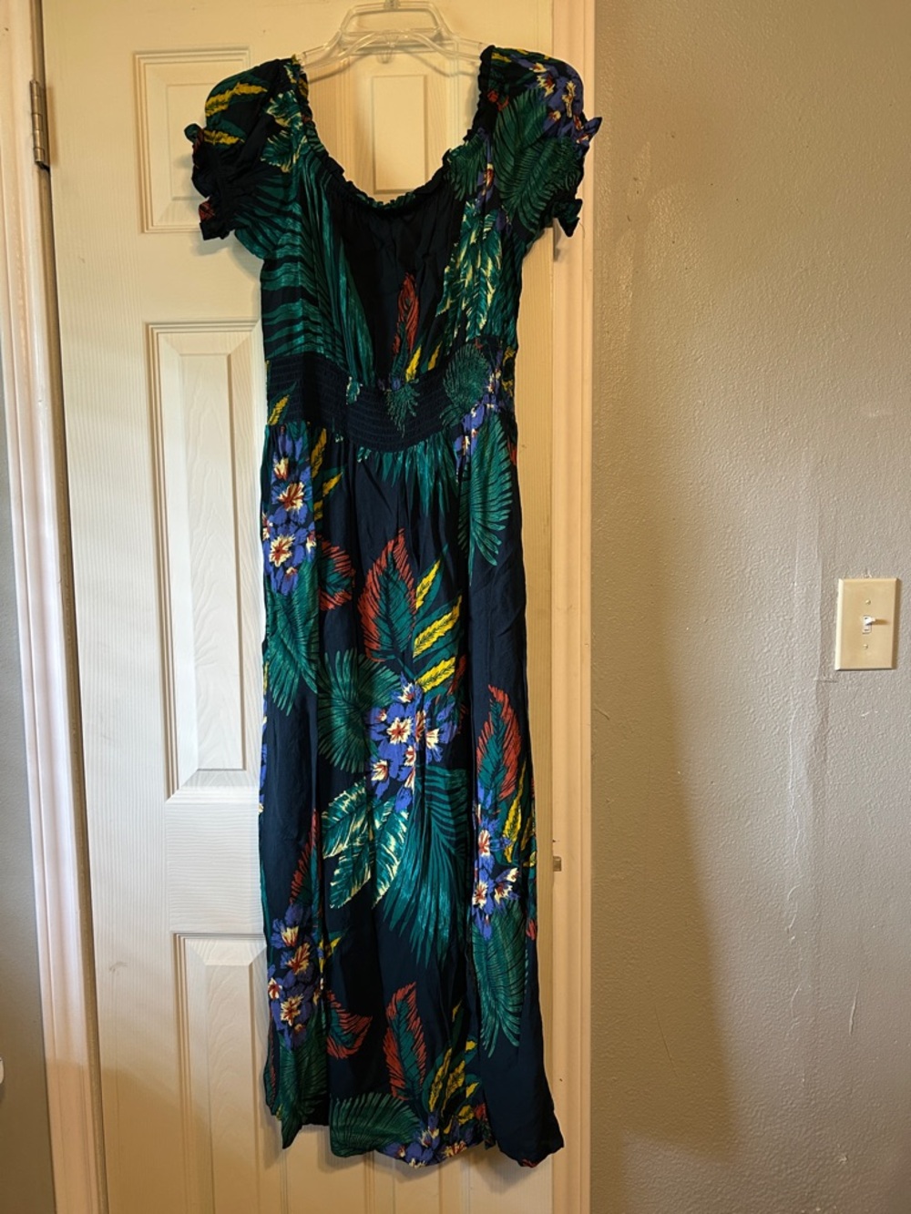 Patrons of Peace blue maxi dress slit front off shoulder